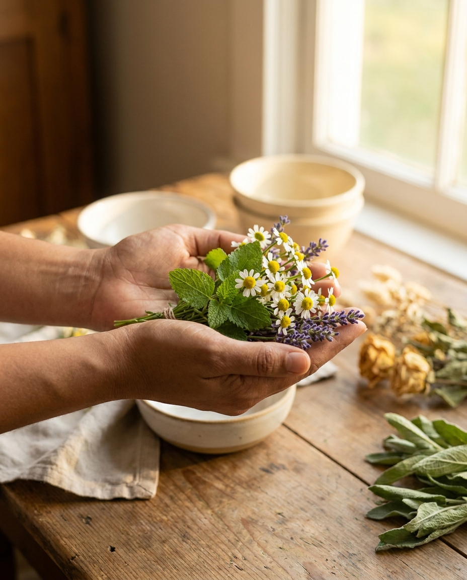 Hands holding freshly harvested herbs